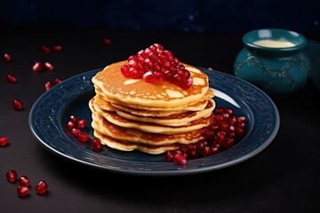 a stack of pancakes topped with pomegranates on a blue plate next to a cup of coffee and a blue vase with red pomegranates.
