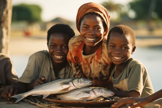 African children showcasing freshly caught fish