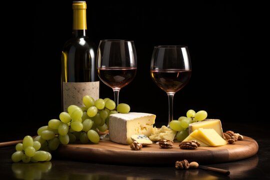  a bottle of wine, two glasses of wine, and a bunch of grapes on a wooden board with nuts and a bottle of wine in front of wine on a black background.