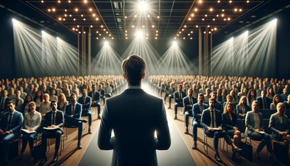 Confident speaker at business conference with attentive audience, spotlight effect, leadership concept. - obrazy, fototapety, plakaty