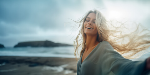wide shot Happy blonde woman, outdoor freedom and arms outstretched,, ocean wind and breathe fresh air, taking selfie shot, motivation and wellness, peace and hope. - obrazy, fototapety, plakaty