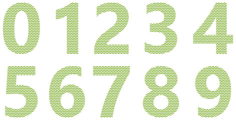 Set of green numbers isolated on white. Alphabet with numbers. Vector graphic elements for design. Zigzag lines, wavy lines
