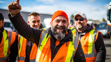 Group of workers on a construction site rejoicing with arms raised.