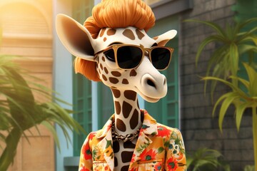  a giraffe wearing sunglasses and a suit in a scene from the animated movie the giraffe is wearing sunglasses and a suit in a scene from the animated movie the movie the giraffe. - obrazy, fototapety, plakaty