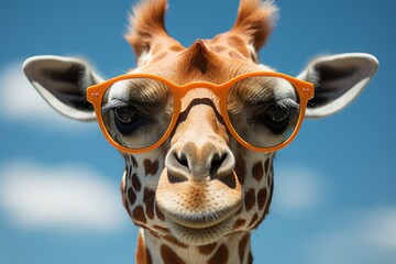 a giraffe with a pair of glasses on it's face and a blue sky with clouds in the backgrouds of its head and a giraffe's head.