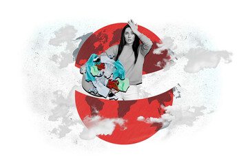 Photo illustration collage of stressed volunteer collect rubbish polyethylene and plastics global...