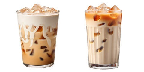 Collection of iced coffee latte and coffee milk in the glass, isolated on transparent background. Generative AI - obrazy, fototapety, plakaty