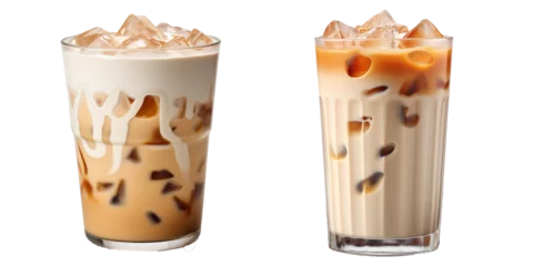  Collection of iced coffee latte and coffee milk in the glass, isolated on transparent background. Generative AI © Ibnu