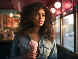 Beautiful young woman with an ice cream cone in her hand - 695472857