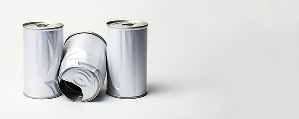 aluminium creased can. Three Aluminum White Can. Aluminium beer and slim soda can. copy space
