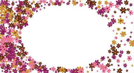 Fashionable frame of flowers. Spring background design, colorful bright flowers, decorative beautiful garden. Place for text. Design for postcard, invitation, web. Vector illustration