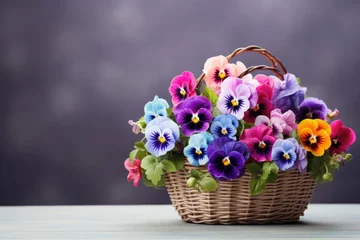Poster Colored pansies flowers in a wicker basket © Michael