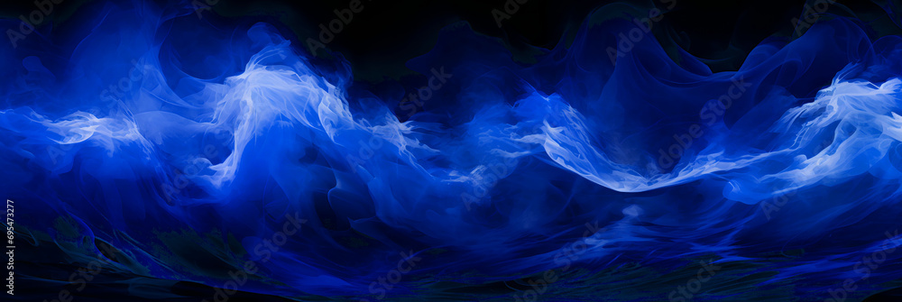 Poster abstract, swirling smoke-like patterns in various shades of blue, creating a dynamic and fluid visua