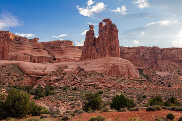 Three Gossips rock formation at sunset in the desert landscape sandstone environment of Arches National Park Utah 