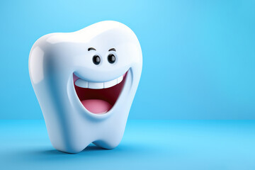 Positive smiling tooth character on a blue background in 3D drawing style .Copy space for text