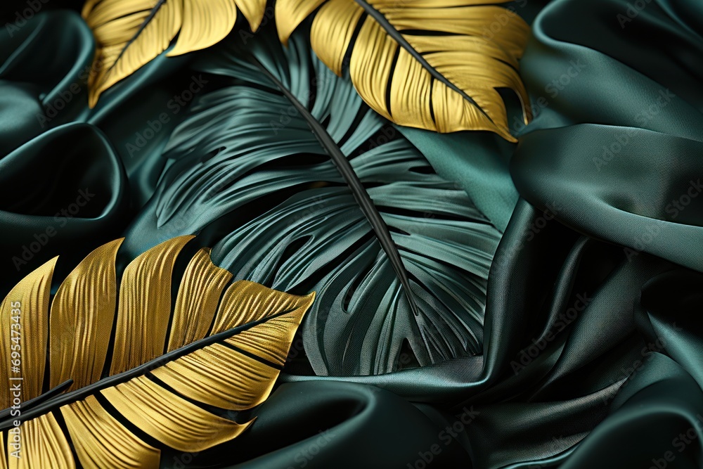 Poster a close up of a green and gold fabric with a large leaf design on the side of the fabric and a small