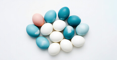 Blue and white easter eggs on a white isolated background. Colorful easter eggs. Background