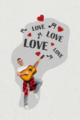 Vertical photo collage of young funky guy hold guitar play song for his love valentine day greeting on creative background