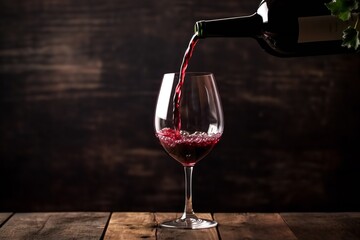 Poring red wine in a glass on dark background. Red wine is poured into a glass from a bottle - obrazy, fototapety, plakaty