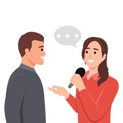 Journalism yellow concept with people scene in the flat cartoon style. A woman journalist interviews a man with microphone. Flat vector illustration isolated on white background