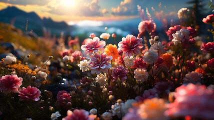 Flowers on a mountainside, with gold sunlight in the background. - obrazy, fototapety, plakaty