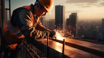 The worker is building a fence near the orange sparks.