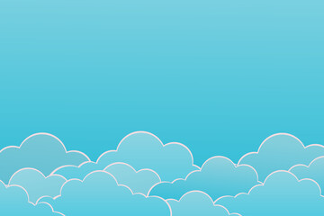 blue background. Horizontal banner with blue sky paper cut clouds for Valentine's day sale header or voucher template with  cloudscape border frame pastel colours 3d vector illustration. 