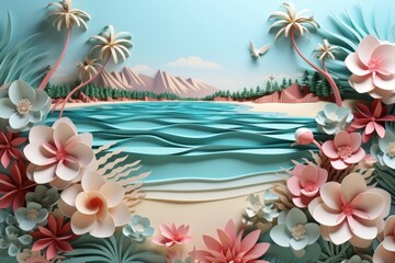 Fototapeta na wymiar Summer paradise beach papercut style background. Beach with palm trees, sun, tropical plants and flowers. 