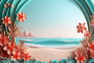 Fototapeta na wymiar Summer papercut style background. Beach with palm trees, sun, tropical plants and flowers. 