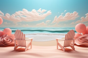 Summer pastel colored papercut style background, Two chairs on the beach facing the ocean, Scenic...