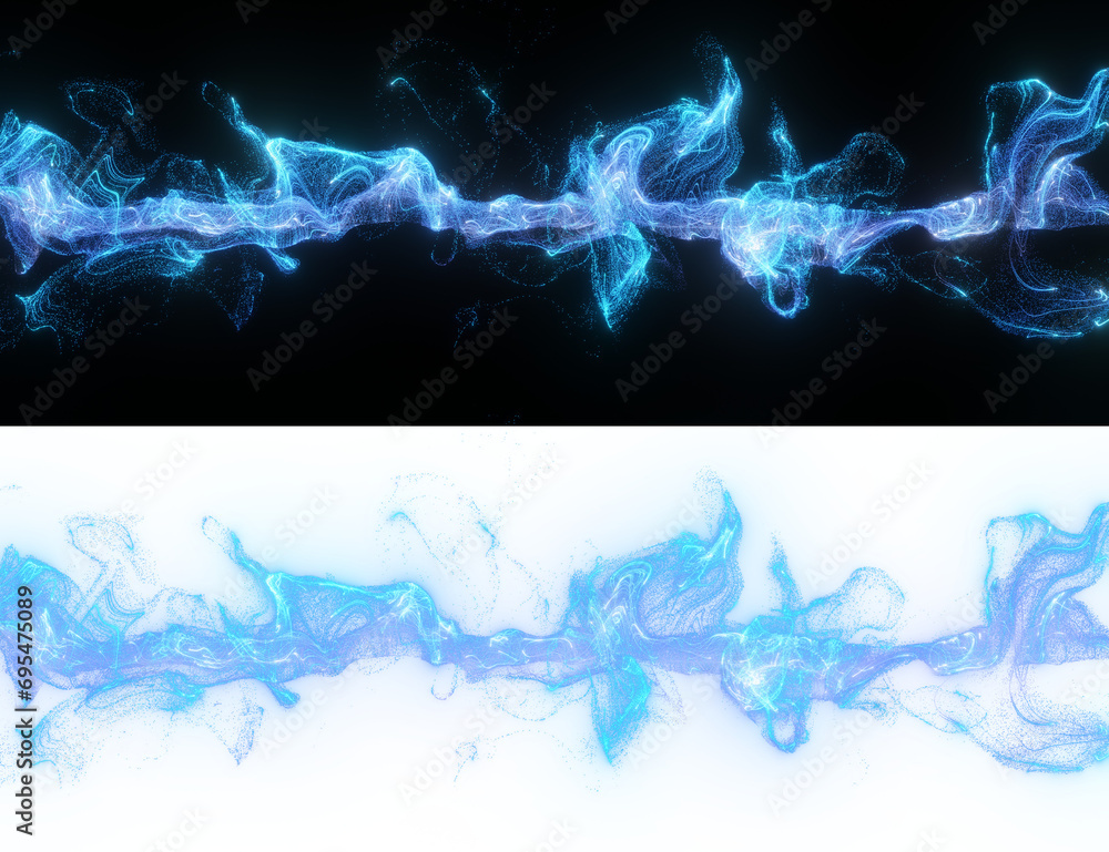 Poster dynamic strands of luminous particles twist and undulate, creating an energetic and abstract visual 