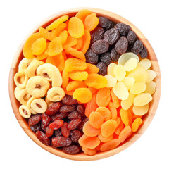 bowl of dried fruits top view isolated on a transparent background - obrazy, fototapety, plakaty