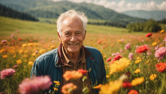 Bel signore pensionato di 80 anni felice in un prato fiorito pieno di fiori colorati in primavera