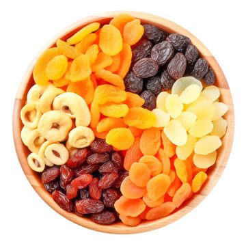 bowl of dried fruits top view isolated on a transparent background