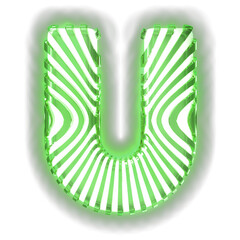 White symbol with ultra thin green luminous vertical straps. letter u