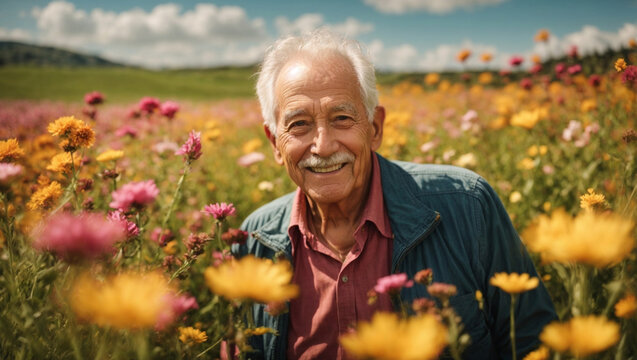 Bel signore pensionato di 80 anni felice in un prato fiorito pieno di fiori colorati in primavera