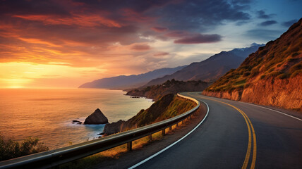A serene HD photograph capturing the beauty of a highway landscape during a colorful sunset, with the road stretching towards the sea, offering a picturesque and tranquil scene.