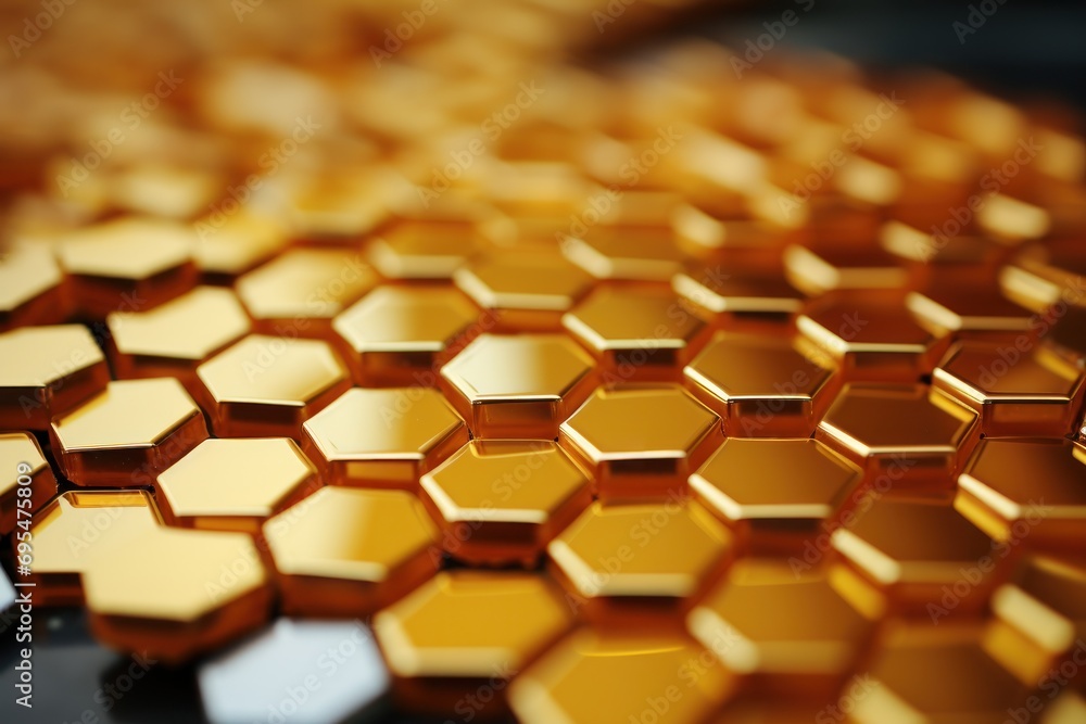 Poster a close up view of a shiny surface with hexagonal tiles in the center of the image and a blurry back