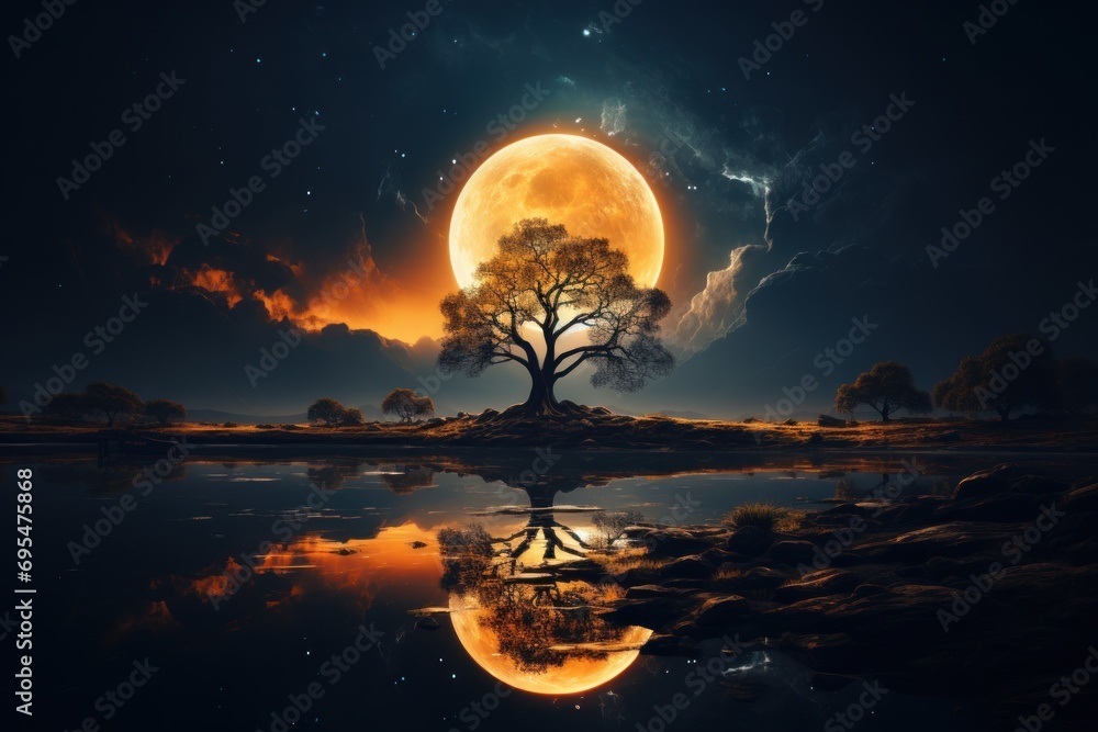Poster a tree in the middle of a body of water with a full moon in the background and a reflection of the t