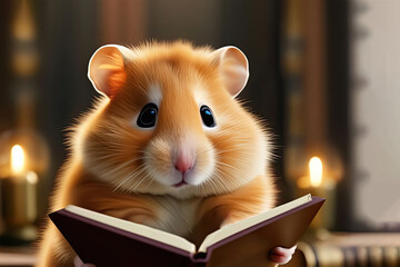 hamster reading a book in a room with candles. - obrazy, fototapety, plakaty