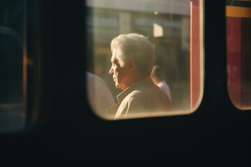 An older man with glasses is sitting on the bus
