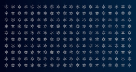 Set of 200 Silver Snowflake Design Isolated on Night Sky Background