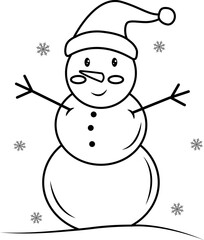 A cute smiling snowman with a hat on his head, highlighted on a white background.Vector black and white illustration. Perfect for holiday and Christmas designs. Coloring of a cute cartoon snowman