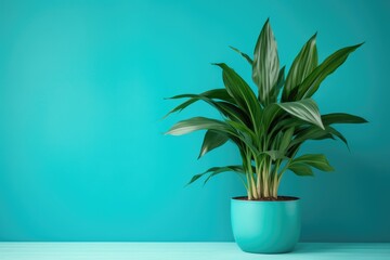 beautiful green house plant in pot turquoise background