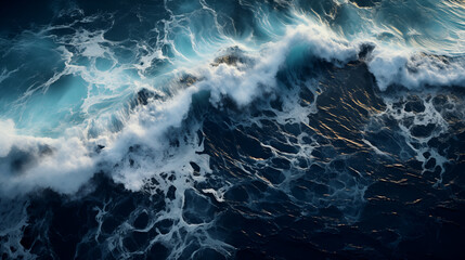 powerful ocean wave with frothy white foam, cresting and breaking into the dark blue water