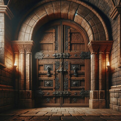 Wooden door in medieval castle - 695476698