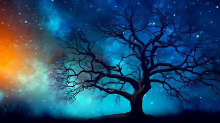 A majestic leafless tree stands under a star-filled sky with hues of blue and orange, creating a tranquil and mystical nighttime scene - obrazy, fototapety, plakaty