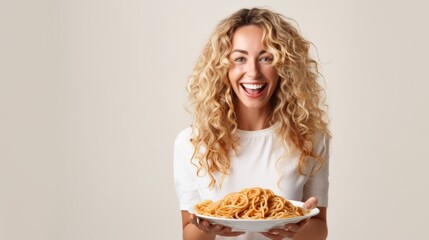 Close up photo of cute blonde woman holding plate with spaghetti, smiling look at camera on grey...