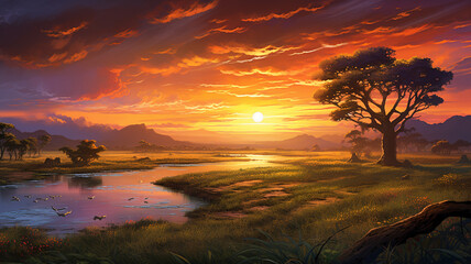 A spectacular sunrise over the savanna, illuminating the grass fields with radiant colors and creating a mesmerizing and realistic landscape captured in high definition.