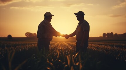 Two farmers shaking hands in corn field - obrazy, fototapety, plakaty